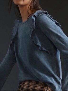 Eri + Ali Soft Ruffled Long Sleeve Grey Top XS | Anthropologie
